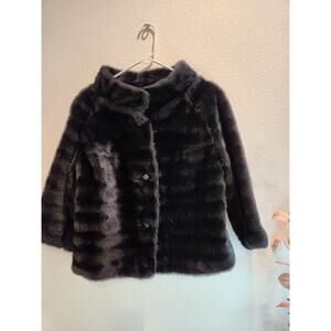 Vintage Black Faux Fur Jacket Short Cropped Coat Satin Lining‎ Classic Chic Sz S